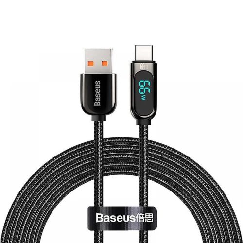 Nabíjací a dátový kábel USB, USB Type-C, 100 cm, 6000 mA, 66 W, LED displej, rýchle nabíjanie, PD, vzor šnúrky, Baseus Display, CASX020001, čierny