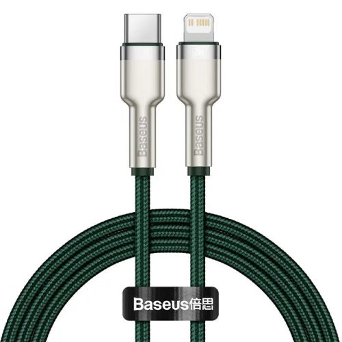 Nabíjací a dátový kábel USB Type-C, Lightning, 100 cm, 20 W, s ochranou proti zlomeniu, rýchle nabíjanie, PD, vzor šnúrky, Baseus Cafule Metal, CATLJK-A06, zelená