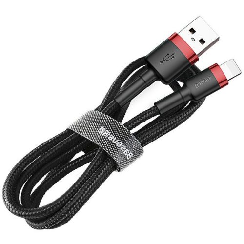 Nabíjací a dátový kábel USB, Lightning, 50 cm, 2400 mA, s ochranou proti zlomeniu, rýchle nabíjanie, vzor šnúrky, Baseus Cafule, CALKLF-A19, čierna/červená