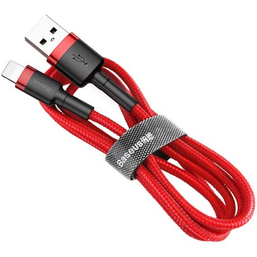 Nabíjací a dátový kábel USB, Lightning, 50 cm, 2400 mA, s ochranou proti zlomeniu, rýchle nabíjanie, vzor šnúrky, Baseus Cafule, CALKLF-A09, červená