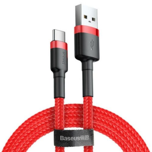 Nabíjací a dátový kábel USB, USB Type-C, 200 cm, 2000 mA, s ochranou proti otrasom, rýchle nabíjanie, vzor šnúrky, Baseus Cafule CATKLF-C09, červený