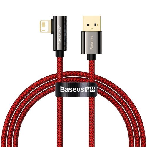 Nabíjací a dátový kábel USB, Lightning, 100 cm, 2400 mA, rýchle nabíjanie, 90 stupňov/kolmo, vzor šnúrky, Baseus Legend, CACS000009, červená