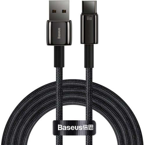 Nabíjací a dátový kábel USB, USB Type-C, 200 cm, 6000 mA, 66 W, s ochranou proti rozbitiu, rýchle nabíjanie, vzor šnúrky, Baseus Tungsten Gold, CATWJ-C01, čierna