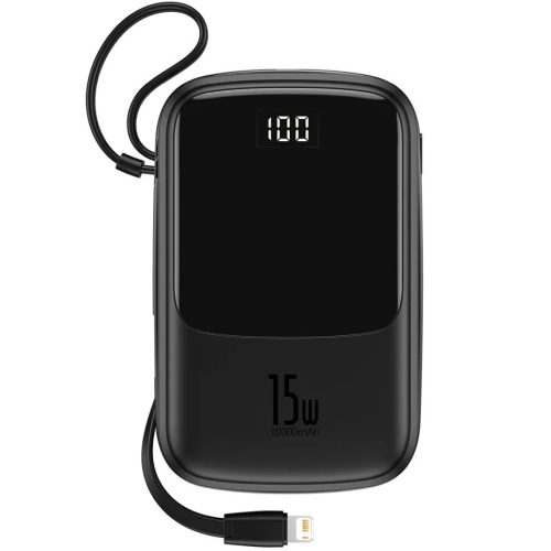 Externá batéria, 10000 mAh, 15 W, pre Smartphone a TabletPC, 2 x USB zásuvka, USB Type-C zásuvka, s integrovaným Lightning káblom, LED displej, rýchle nabíjanie, Baseus QPOW, PPQD-B01, čierna