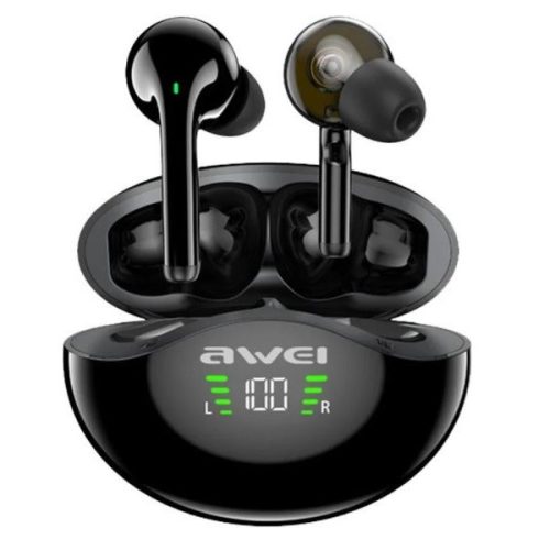 Bluetooth Stereo Headset, v5.1, TWS, nabíjací dok, dotykové ovládanie, vodotesný, LED displej, AWEI T12P, čierna