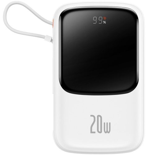 Externá batéria, 20000 mAh, 20 W, pre Smartphone a TabletPC, zásuvka USB, zásuvka USB Type-C, so zabudovaným káblom Lightning, LED displej, rýchle nabíjanie, Baseus QPOW, PPQD-H02, biela