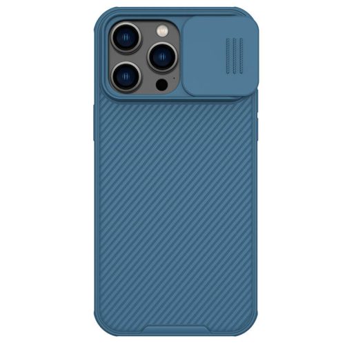 Apple iPhone 14 Pro Max, Plastová zadná strana + silikónový rám, stredná ochrana proti nárazu, ochrana fotoaparátu, pruhovaný vzor, Nillkin CamShield Pro, modrá