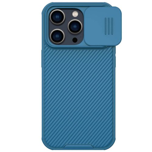 Apple iPhone 14 Pro Max, Plastový chrbát + silikónový rám, stredne odolný proti nárazu, ochrana fotoaparátu, kompatibilný s nabíjačkou Magsafe, pruhovaný vzor, Nillkin CamShield Pro Magnetic, modrá
