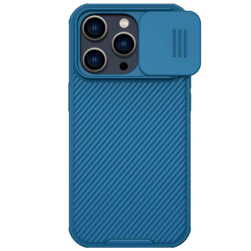 Apple iPhone 14 Pro, plastová zadná strana + silikónový rám, stredne odolná proti nárazu, ochrana fotoaparátu, kompatibilná s nabíjačkou Magsafe, pruhovaný vzor, Nillkin CamShield Pro Magnetic, modrá