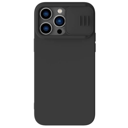Apple iPhone 14 Pro, silikónové puzdro, stredne odolné proti nárazu, ochrana fotoaparátu, kompatibilné s nabíjačkou Magsafe, Nillkin CamShield Silky Magnetic, čierne