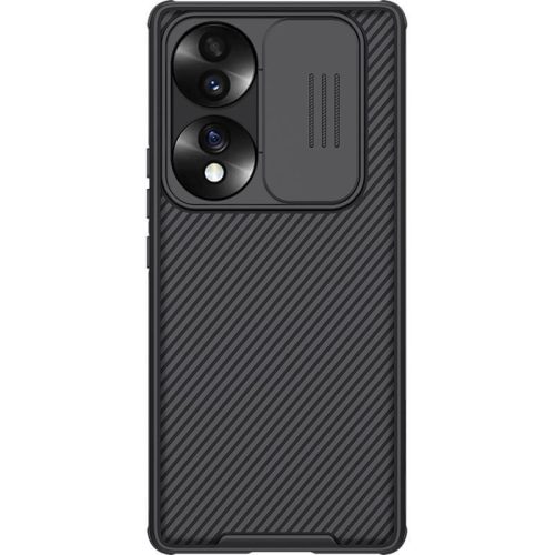 Huawei Honor 70, plastová zadná strana + silikónový rám, stredne odolný voči nárazom, ochrana fotoaparátu, pruhovaný vzor, Nillkin CamShield Pro, čierna
