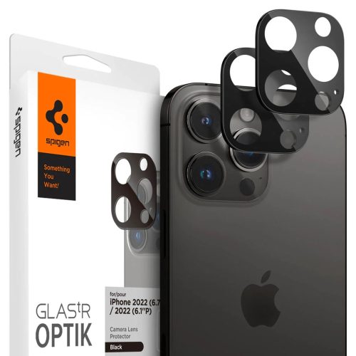 Apple iPhone 14 Pro / 14 Pro Max, Fólia na ochranu objektívu fotoaparátu, Fólia odolná proti nárazom, Tvrdené sklo, Spigen Glastr Optik, čierna, 2 ks / balenie
