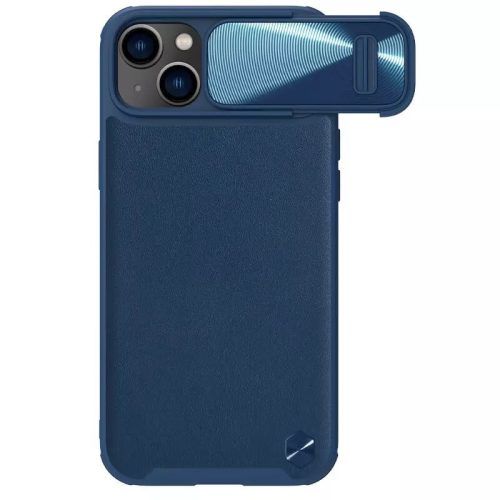 Apple iPhone 14 Plus, Plastový zadný kryt, silikónový rám, ochrana fotoaparátu, stredne odolný proti nárazu, zadný kryt s koženým vzhľadom, Nillkin CamShield Leather "S", modrý