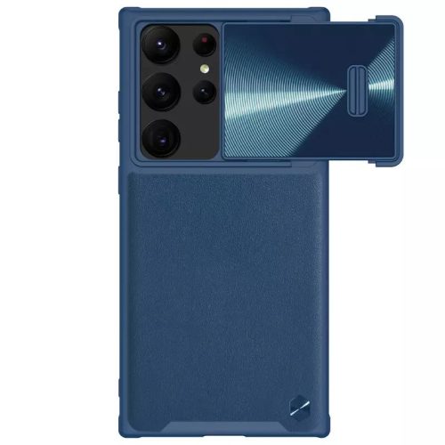 Samsung Galaxy S23 Ultra SM-S918, plastový zadný kryt, silikónový rám, ochrana fotoaparátu, stredne odolný proti nárazu, zadný kryt s koženým efektom, Nillkin CamShield Leather "S", modrý
