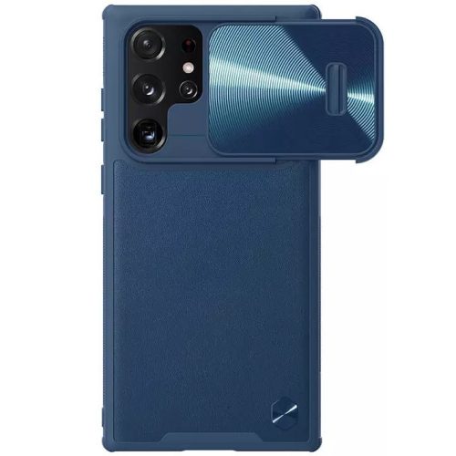 Samsung Galaxy S22 Ultra 5G SM-S908, plastový zadný ochranný kryt, silikónový rám, ochrana fotoaparátu, stredne odolný proti nárazu, zadný kryt s koženým efektom, Nillkin CamShield Leather "S", modrý