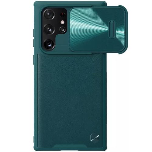 Samsung Galaxy S22 Ultra 5G SM-S908, plastový zadný ochranný kryt, silikónový rám, ochrana fotoaparátu, stredne odolný proti nárazu, zadný kryt s koženým efektom, Nillkin CamShield Leather "S", zelený
