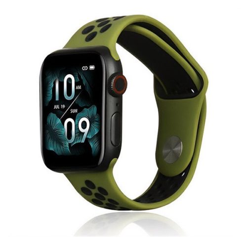 Apple Watch 1-6, SE, SE (2022) (42 / 44 mm) / Watch 7-9 (45 mm) / Watch Ultra (49 mm), silikónový remienok, nastaviteľný, s otvormi, tmavozelený/čierny