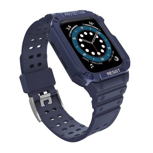 Apple Watch 1-6, SE, SE (2022) (42 / 44 mm) / Watch 7-9 (45 mm), Silikónové ochranné puzdro, stredne odolné proti nárazu, s nastaviteľným remienkom, tmavomodré