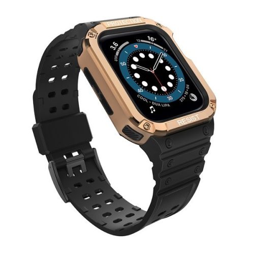 Apple Watch 1-6, SE, SE (2022) (38/40 mm) / Watch 7-9 (41 mm), Silikónové ochranné puzdro, stredne odolné proti nárazu, s nastaviteľným remienkom, dvojfarebné, čierno-červeno-zlaté