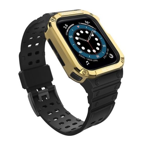 Apple Watch 1-6, SE, SE (2022) (42/44 mm) / Watch 7-9 (45 mm), Silikónové ochranné puzdro, stredne odolné proti nárazu, s nastaviteľným remienkom, dvojfarebné, čierne/zlaté