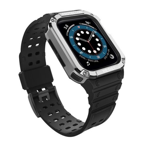 Apple Watch 1-6, SE, SE (2022) (42/44 mm) / Watch 7-9 (45 mm), Silikónové ochranné puzdro, stredne odolné proti nárazu, s nastaviteľným remienkom, dvojfarebné, čierno-strieborné
