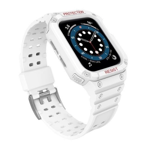 Apple Watch 1-6, SE, SE (2022) (42 / 44 mm) / Watch 7-9 (45 mm), Silikónové ochranné puzdro, stredne odolné proti nárazu, s nastaviteľným remienkom, biele
