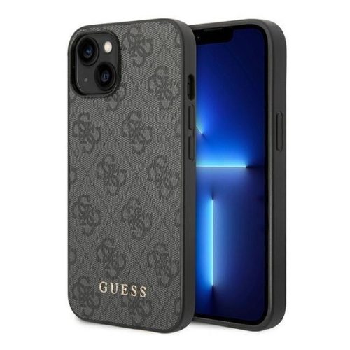 Apple iPhone 14 Plus, Plastový zadný kryt + silikónový rám, textilný zadný kryt, vzor Guess, kovové logo Guess 4G, sivá