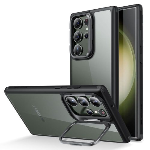 Samsung Galaxy S23 Ultra SM-S918, silikónové puzdro, stredne odolné voči nárazom, s pätou, s podporou, ESR Classic Hybrid Stash Stand, priehľadné/čierne