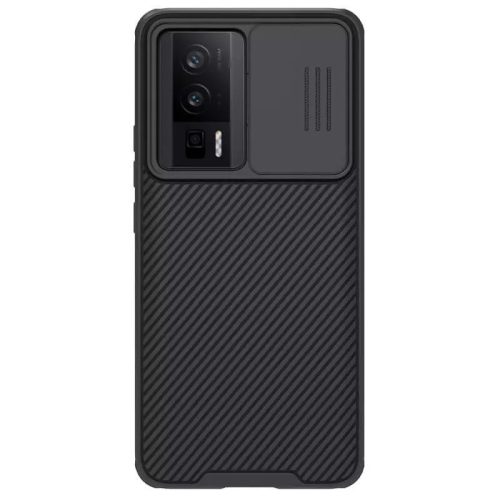 Xiaomi Redmi K60 / K60 Pro / Poco F5 Pro, plastový zadný kryt + silikónový rám, stredne odolný proti nárazu, ochrana fotoaparátu, pruhovaný vzor, Nillkin CamShield Pro, čierny