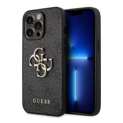 Apple iPhone 14 Pro, Plastový zadný kryt + silikónový rám, textilný zadný kryt, vzor Guess, Guess 4G Big Metal Logo, sivý