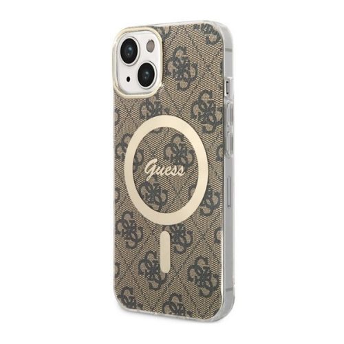 Apple iPhone 14, Plastový zadný kryt, textilný zadný kryt, vzor Guess, kompatibilný s Magsafe, Guess 4G, hnedý