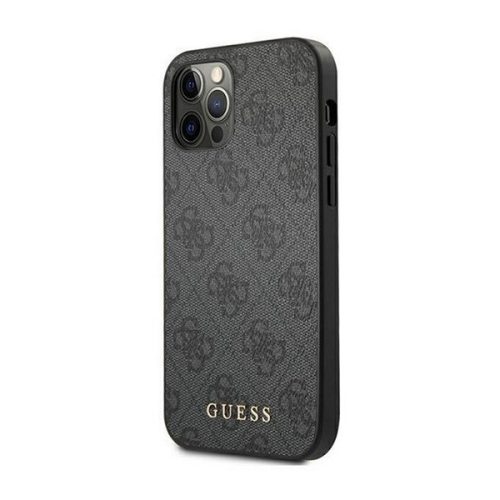 Apple iPhone 12 / 12 Pro, Plastový zadný kryt + silikónový rám, textilný zadný kryt, vzor Guess, kovové logo Guess 4G, sivá