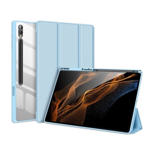 Samsung Galaxy Tab S9 Ultra 14.6 SM-X910 / X916B, zakladačové puzdro, trojvrstvové, päta so vzduchovým polstrovaním, stredne odolné proti nárazom, s držiakom na pero S-Pen, priehľadná zadná strana, Dux Ducis Toby, modrá