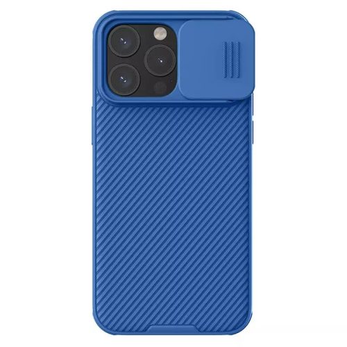 Apple iPhone 15 Pro Max, Plastová zadná strana + silikónový rám, stredne odolná proti nárazu, ochrana fotoaparátu, kompatibilná s nabíjačkou Magsafe, pruhovaný vzor, Nillkin CamShield Pro Magnetic, modrá