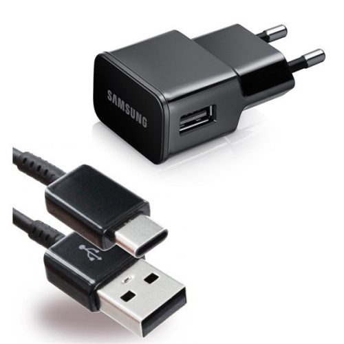 Sieťový nabíjací adaptér, 5 V / 2000 mA, zásuvka USB, kábel USB typu C, Samsung, čierny, továrenské prevedenie