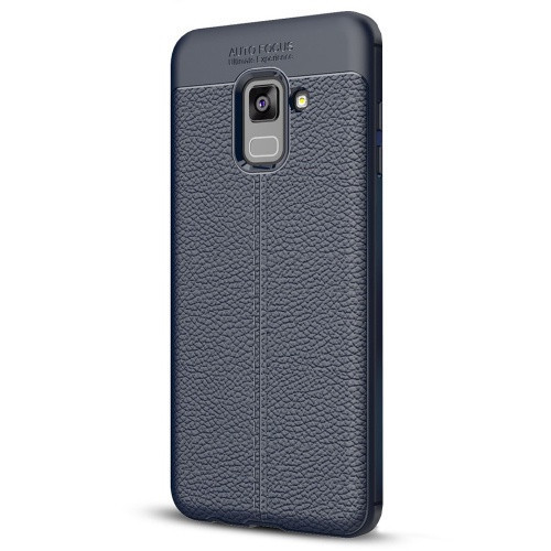 Samsung Galaxy A8 Plus (2018) SM-A730F, silikónové puzdro TPU, kožený efekt, vzor švov, tmavomodrá