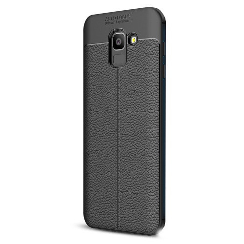 Samsung Galaxy J6 (2018) SM-J600F, silikónové puzdro TPU, kožený efekt, prešívaný vzor, čierne