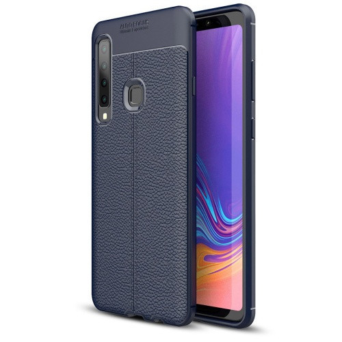 Samsung Galaxy A9 (2018) SM-A920F, silikónové puzdro TPU, kožený efekt, prešívaný vzor, tmavomodré
