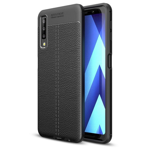 Samsung Galaxy A7 (2018) SM-A750F, silikónové puzdro TPU, kožený efekt, vzor švov, čierne