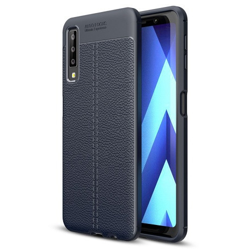 Samsung Galaxy A7 (2018) SM-A750F, silikónové puzdro TPU, kožený efekt, vzor švov, tmavomodré