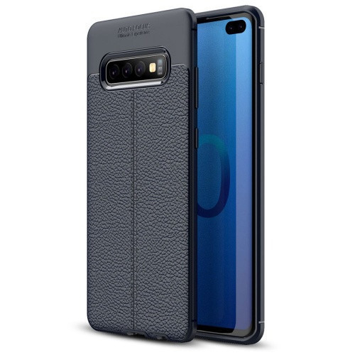 Samsung Galaxy S10 Plus SM-G975, silikónové puzdro TPU, kožený efekt, prešívaný vzor, tmavomodré