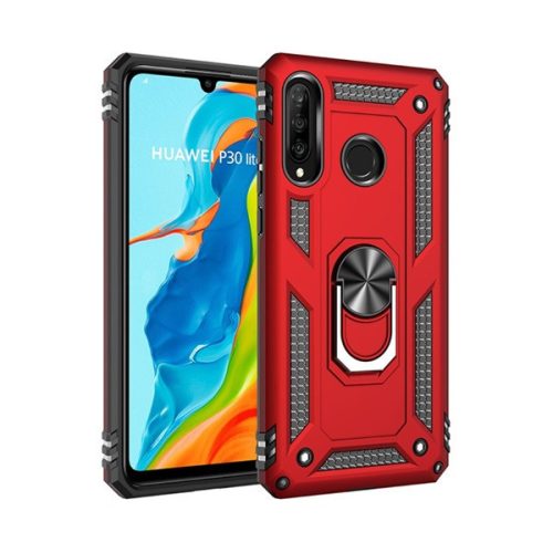 Huawei P30 Lite, Plastový zadný kryt, stredne odolný proti nárazu, silikónová vnútorná strana, krúžok na držiak telefónu, Defender, červená farba