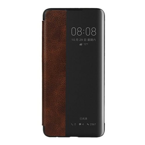 Huawei P30, bočné puzdro, puzdro z pravej kože, držiak na hovory, drsný povrch, kryt Smart View Cover, tmavohnedý (náhradný trh)