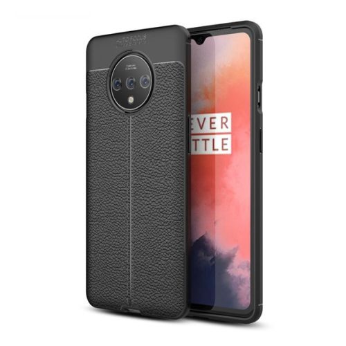 OnePlus 7T, silikónové puzdro, kožený efekt, prešívaný vzor, čierne