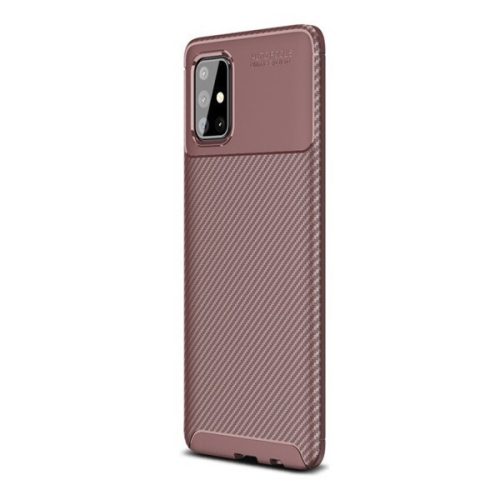Samsung Galaxy A71 SM-A715F, silikónové puzdro, stredne odolné proti nárazu, kapucňa so vzduchovým vankúšom, karbónový vzor, hnedá farba