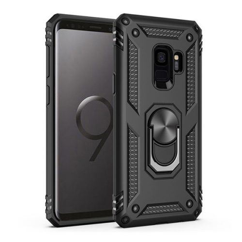 Samsung Galaxy S9 SM-G960, Plastový zadný kryt, stredne odolný proti nárazu, silikónová vnútorná strana, krúžok držiaka telefónu, Defender, čierny