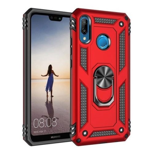 Huawei P20 Lite, Plastový zadný kryt, stredne odolný proti nárazu, silikónová vnútorná strana, krúžok držiaka telefónu, Defender, červená farba