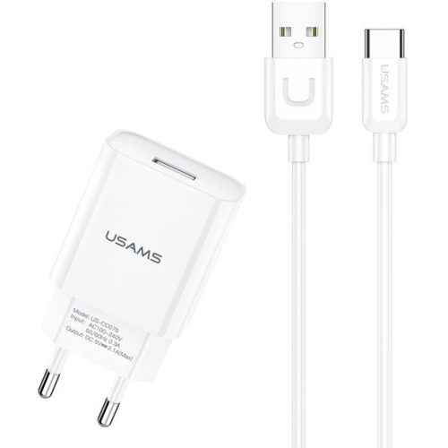 Sieťový nabíjací adaptér, 10,5 W, zásuvka USB, s káblom USB Type-C, Usams T21, biely