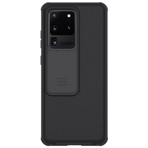 Samsung Galaxy S20 Ultra 5G SM-G988, plastová zadná strana + silikónový rám, stredne odolný proti nárazu, ochrana fotoaparátu, pruhovaný vzor, Nillkin CamShield Pro, čierna