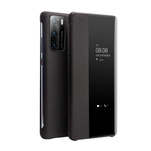 Huawei P40, bočné otváracie puzdro, puzdro z pravej kože, ukazovateľ hovoru, drsný povrch, View Window, Qialino, čierna